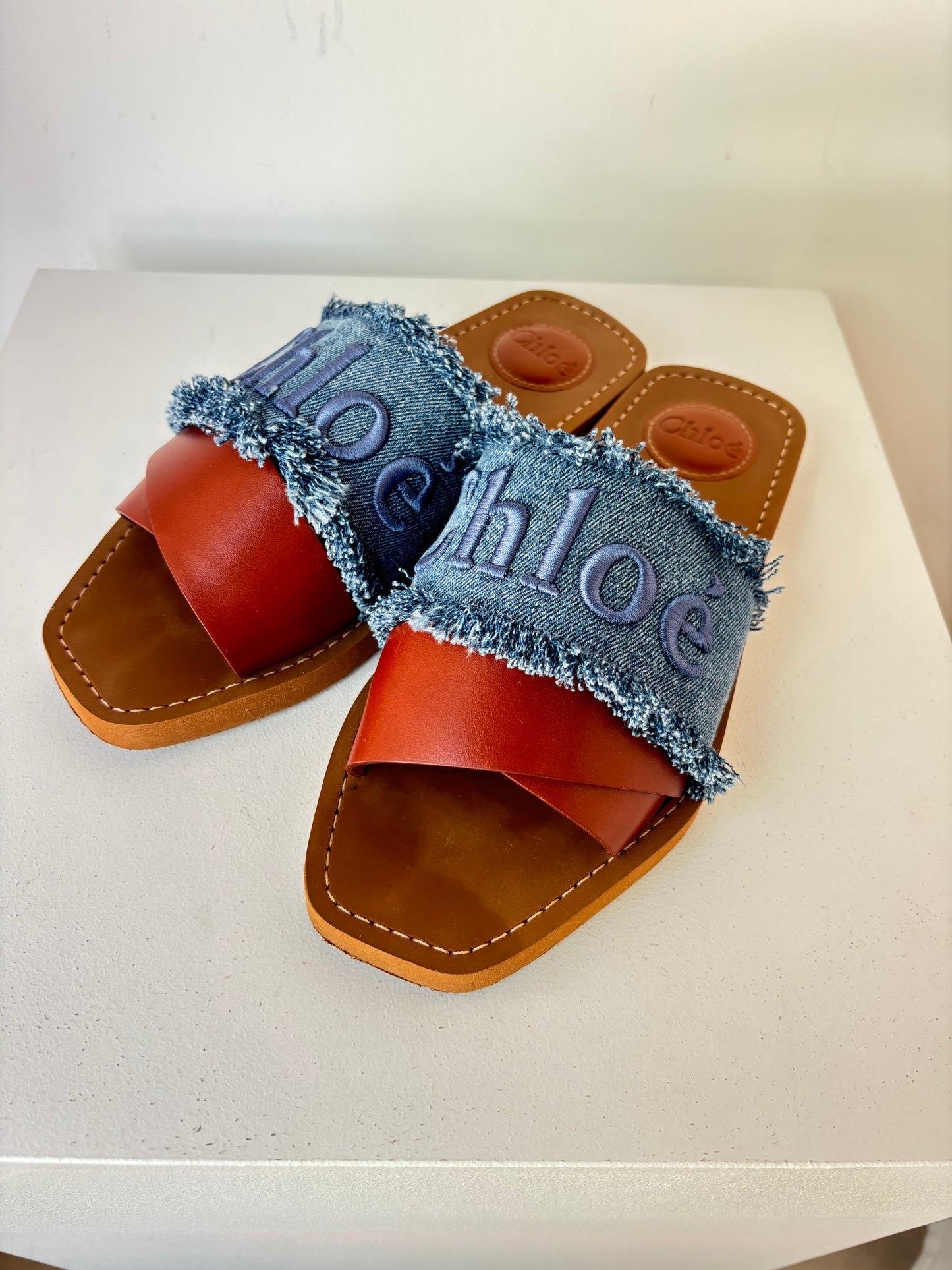 Chloe  'Woody' denim leather slides ~ sz 38