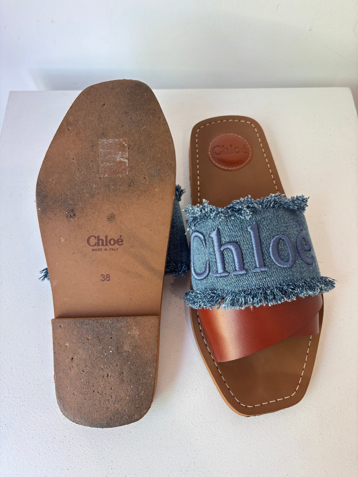 Chloe  'Woody' denim leather slides ~ sz 38